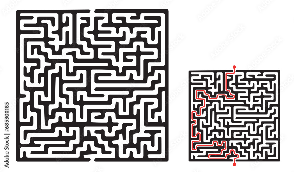 Vector rectangular labyrinth with red passing route. Difficulty level ...