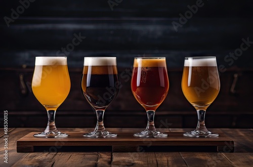 St patrick's day, close-up of four different styles of beer served in a glass on a dark background