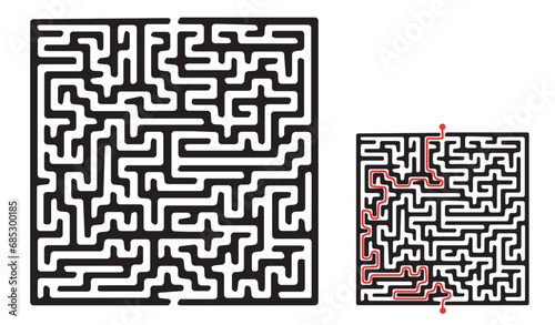 Vector rectangular labyrinth with red passing route. Difficulty level - easy. Maze in a shape of mole hole inside the ground. Children logic game for brain training isolated on white background photo
