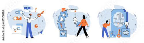 Business idea. Vector illustration. Strategic thinking involves careful analysis, evaluating market trends, and identifying opportunities for growth It is bridge connects initial idewith practical