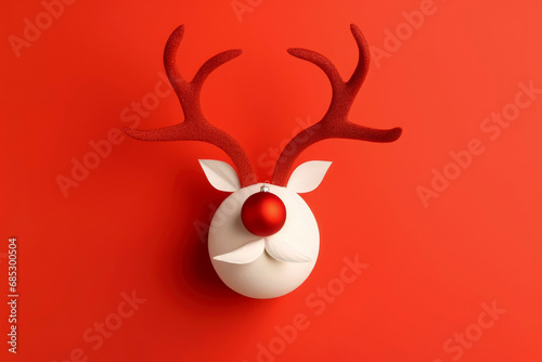 Abstract minimal christmas deer face on white and red colors with antlers in red background photo