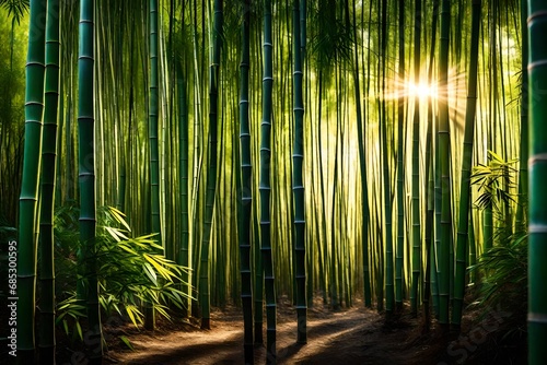 A tranquil bamboo forest with sunlight streaming through the dense canopy.