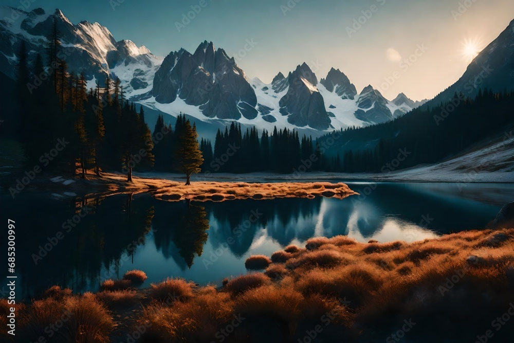 Envision a tranquil, snow-covered alpine meadow, with a pristine mountain lake and the first light of dawn gently painting the scene. - obrazy, fototapety, plakaty 