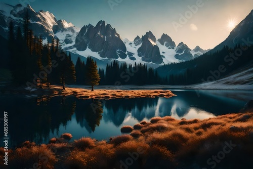 Envision a tranquil, snow-covered alpine meadow, with a pristine mountain lake and the first light of dawn gently painting the scene.