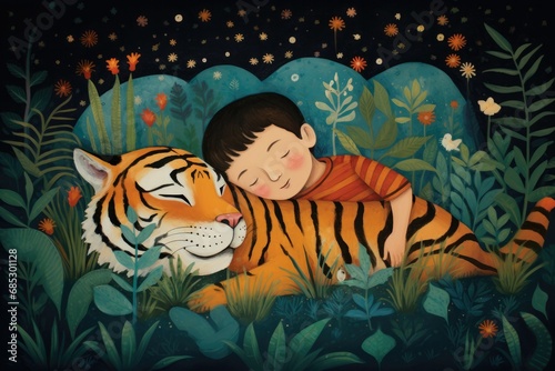 Children s Storybook Illustration of a Little Boy Sleeping with a Tiger Dreaming at Night
