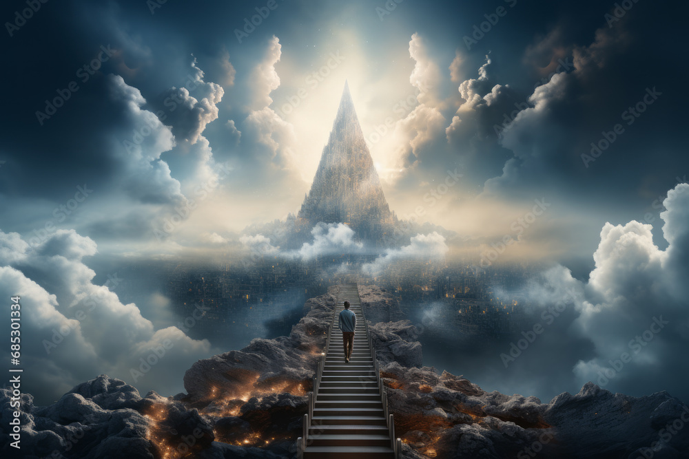 Person walking up stairway to heaven through clouds in the sky after death. Generative Ai - obrazy, fototapety, plakaty 