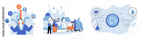 Waste disposal. Vector illustration. Recycling is powerful tool in reducing pollution and conserving resources, as it transforms waste into valuable raw materials for new products The metaphorical