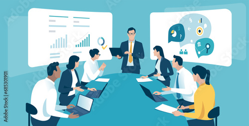 Presentation. Business plan. Large business group.  Vector illustration.