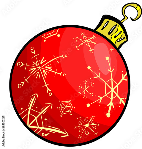 Hand drawn vector drawing of red Christmas ball with snowflakes pattern. Cartoon style, doodle, colourful, decoration, sign, symbol of holidays and new year