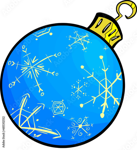 Hand drawn vector drawing of blue Christmas ball with snowflakes pattern. Cartoon style, doodle, colourful, decoration, sign, symbol of holidays and new year