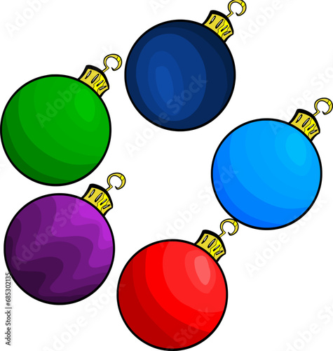 Hand drawn vector drawing collection of colourful Christmas balls, red, green, purple, blue and light blue. Cartoon style, doodle, decoration, holidays, collage, happy new year
