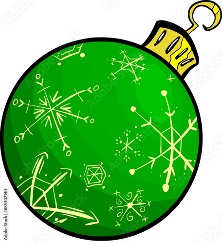 Hand drawn vector drawing of green Christmas ball with snowflakes pattern. Cartoon style, doodle, colourful, decoration, sign, symbol of holidays and new year