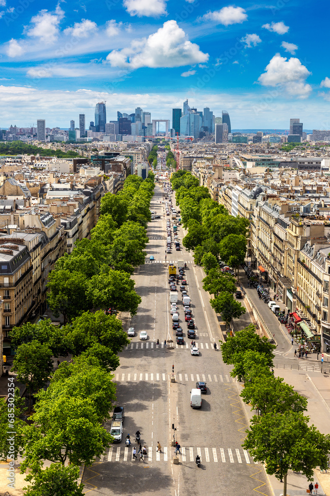 Panoramic aerial view of Paris from Arc de Triomphe in a sunny day, France