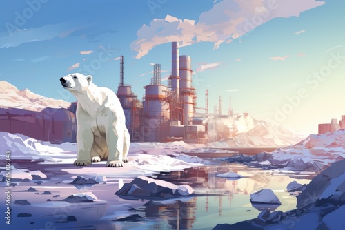 A polar bear stands on a rocky shore in front of a factory photo