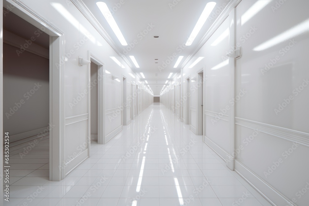 A long hallway with a white floor and a white ceiling