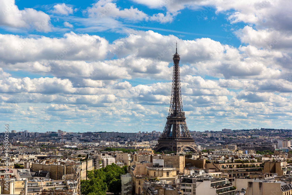 Panoramic aerial view of Eiffel Tower and Paris from Arc de Triomphe, France