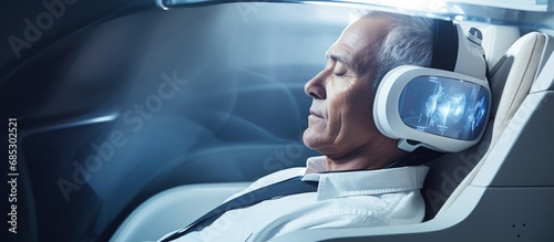 Man sitting in autonomous car in close up copy space image photo