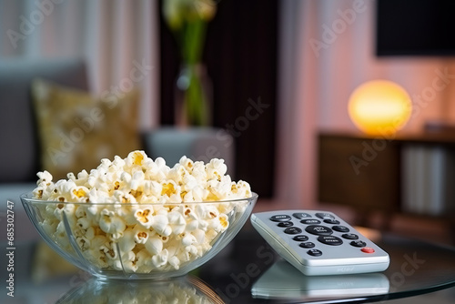 Popcorn in a glass bowl and remote control in front of the TV in a home interior. Watching TV shows and series, cable TV background. Generative Ai