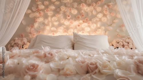 a bed covered in a delicate arrangement of white and blush rose petals, creating a serene atmosphere.