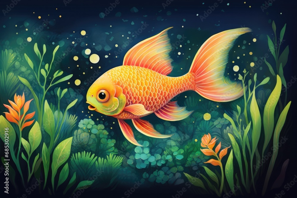 Children's Storybook Illustration of a Goldfish Swimming Underwater