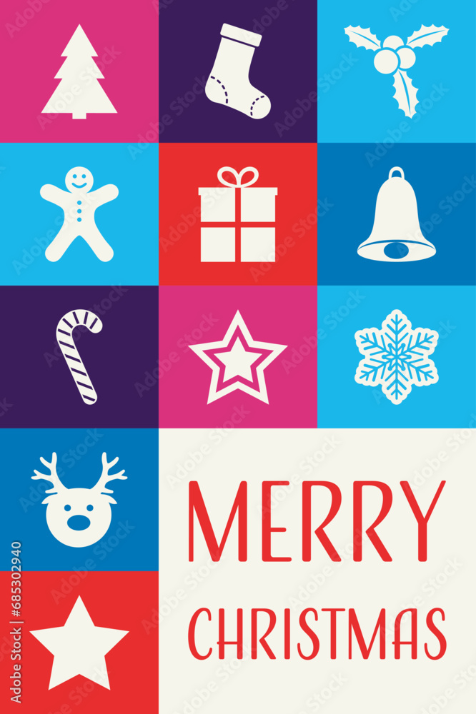 Modern Christmas greeting card with icons. Vector illustration Modern Christmas greeting card with icons. Vector illustration