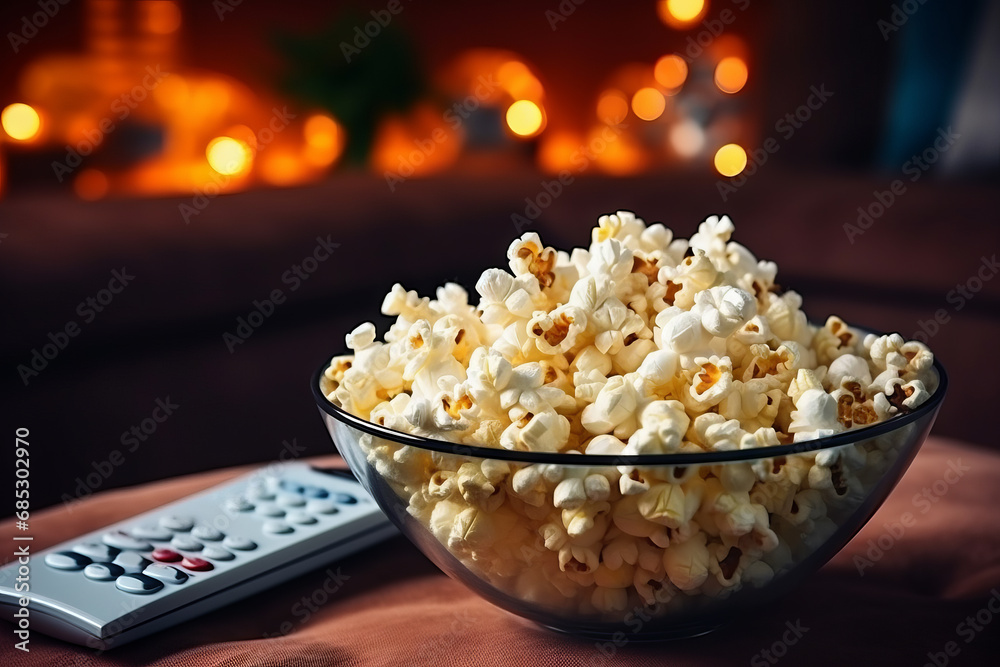 Popcorn in a glass bowl and remote control in front of the TV in a home interior. Watching TV shows and series, cable TV background. Generative Ai Popcorn in a glass bowl and remote control in front of the TV in a home interior. Watching TV shows and series, cable TV background. Generative Ai