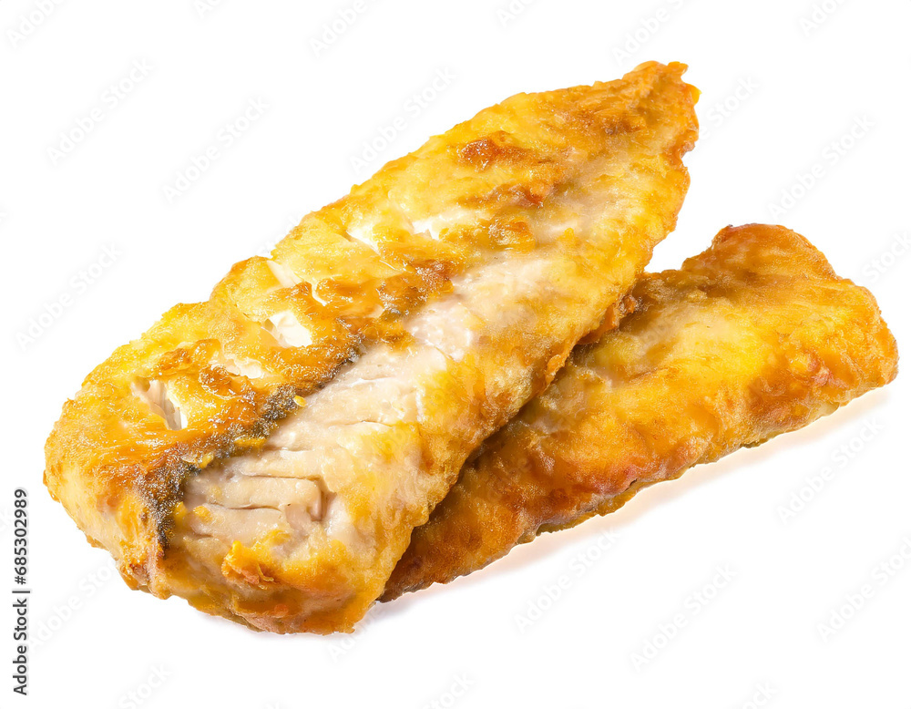 Fried fish filet isolated on white background, cut out