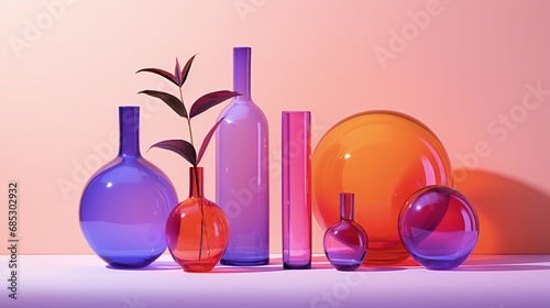 Translucent glass vases and decor in various complimentary lavender and warm tones