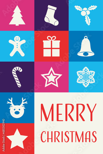 Modern Christmas greeting card with icons. Vector illustration