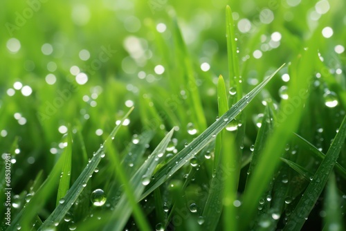 Green grass with dew drops on the grass