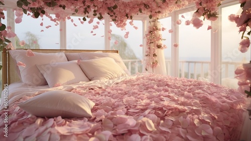  a bed covered in an artistic layout of pastel-colored rose petals, inviting relaxation and tranquility.