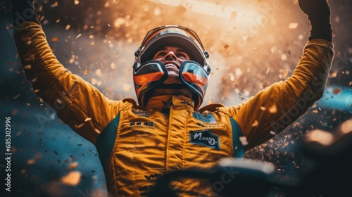 An F1 Formula One driver celebrates the Grand Prix victory. beautiful Generative AI AIG32
