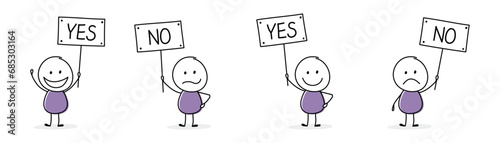 Business discuss concept. Stickmen holding plate with text - yes and no. Vector