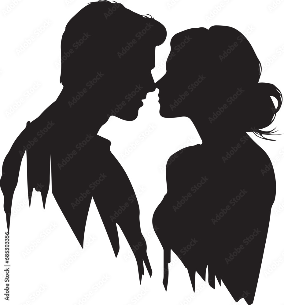 a silhouette of a bride and groom kissing