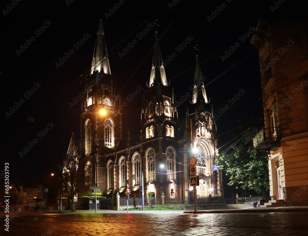 Church of St. Elizabeth in night time in Lviv, Ukraine