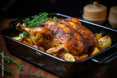 Roasted chicken with herbs and spices in a baking dish