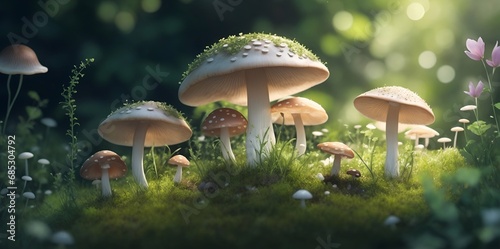 Fairy tale in mashrooms in the forest. AI generated illustration