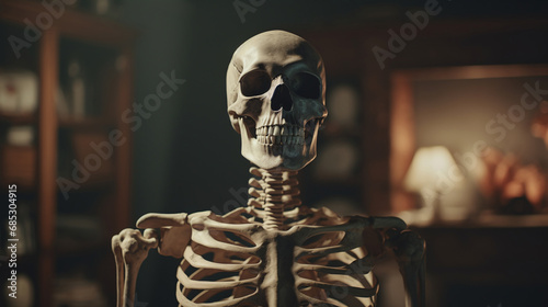 Human skeleton model in dark room. Halloween concept