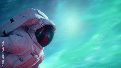 Close-up shot of an astronaut flying through a space field at high speed