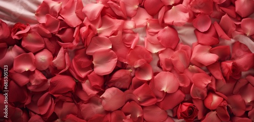 Meticulously arranged rose petals, forming a beautiful pattern on a bedspread, are revealed through the camera's lens, showcasing their intricate design.