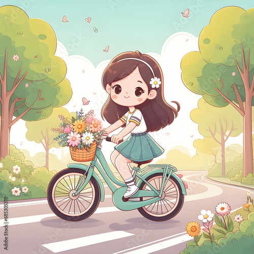 Cute anime girl on bicycle with flowers in a park . AI generated