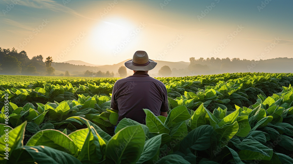 Fototapeta premium farmer, dressed in a plaid shirt and hat, is crouching among large green tobacco leaves in a field