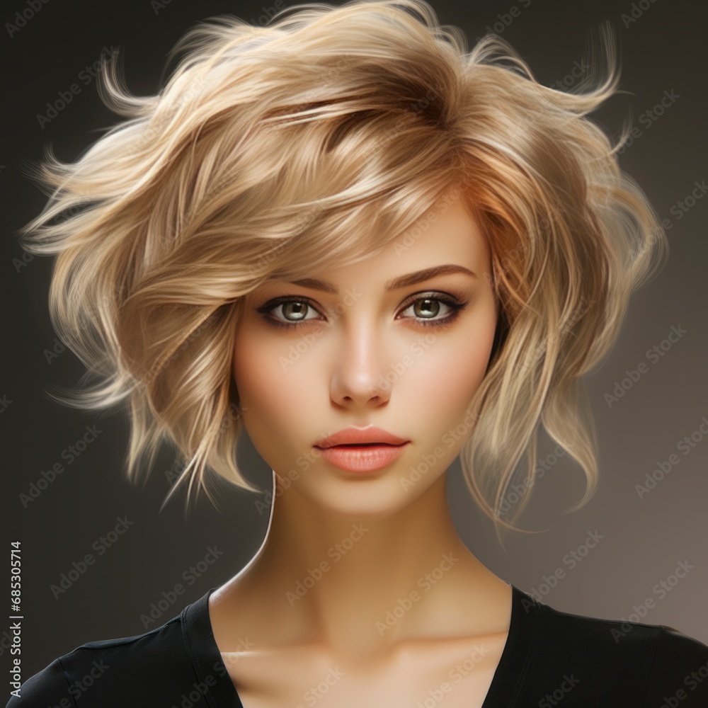 Closeup of a beautiful golden blonde woman with wide eyes and a short hairstyle. Closeup of a beautiful golden blonde woman with wide eyes and a short hairstyle.