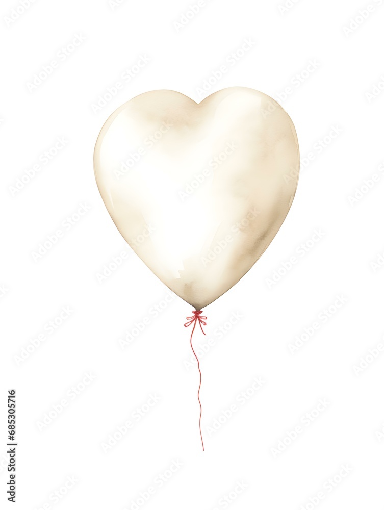 Drawing of a Heart shaped Balloon in ivory Watercolors on a white Background. Romantic Template with Copy Space