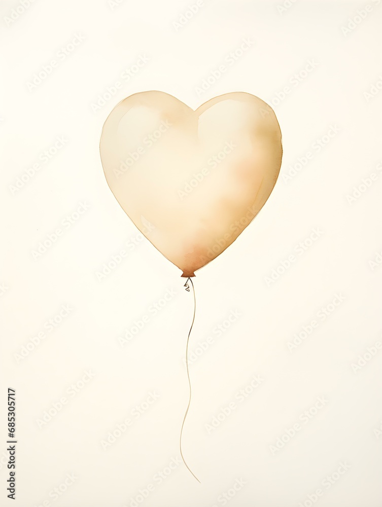 Drawing of a Heart shaped Balloon in ivory Watercolors on a white Background. Romantic Template with Copy Space
