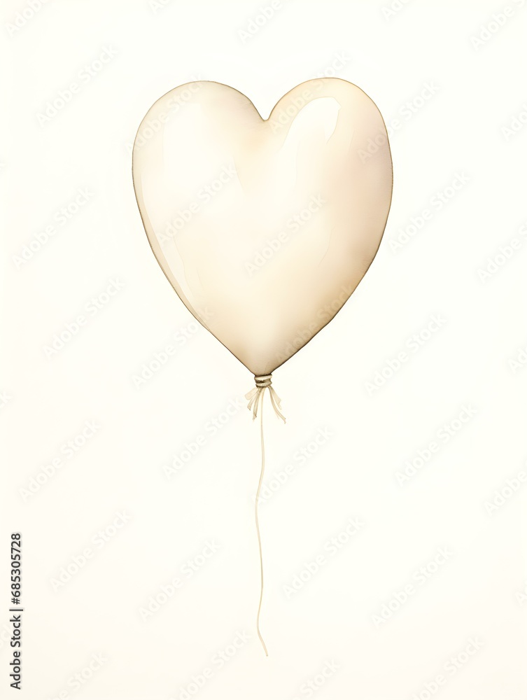 Drawing of a Heart shaped Balloon in ivory Watercolors on a white Background. Romantic Template with Copy Space