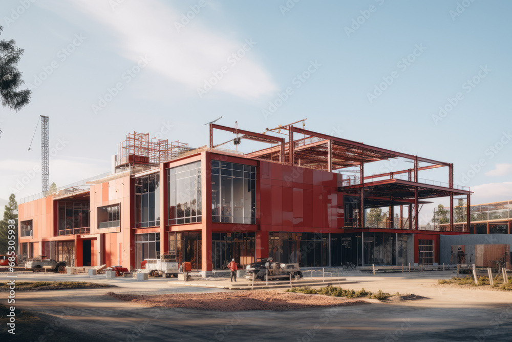Red building under construction, industrial development, construction site engineering. Generative Ai Red building under construction, industrial development, construction site engineering. Generative Ai
