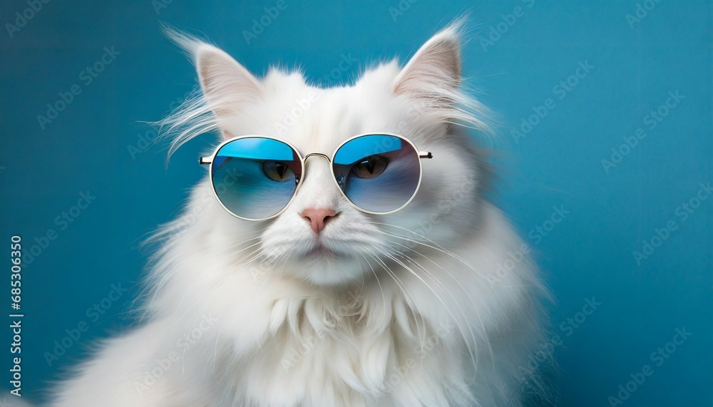 close portrait of white furry cat in fashion sunglasses studio photo with copy space luxurious domestic kitty in glasses poses on blue background wall