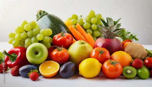 photo of a colorful assortment of fruits and vegetables on a clean white background with copy space