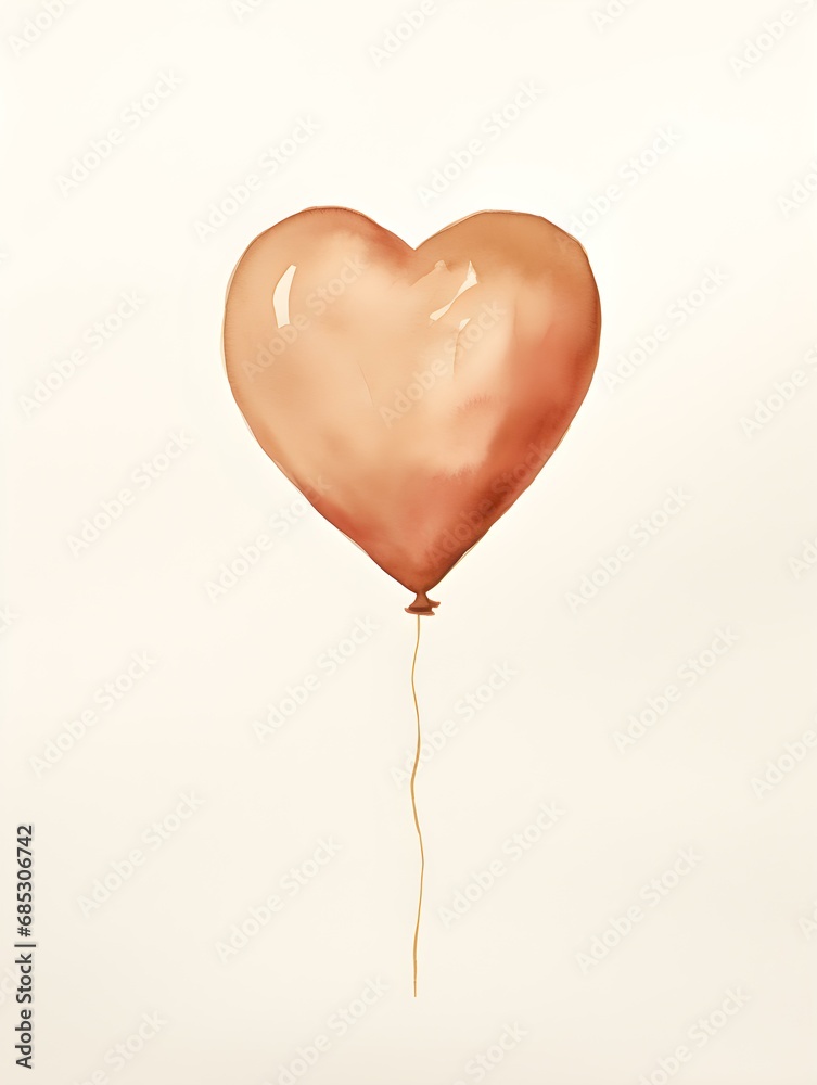 Drawing of a Heart shaped Balloon in light brown Watercolors on a white Background. Romantic Template with Copy Space